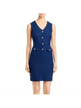 Karl Lagerfeld Paris Navy Tweed Gold Button Accent Sheath Dress